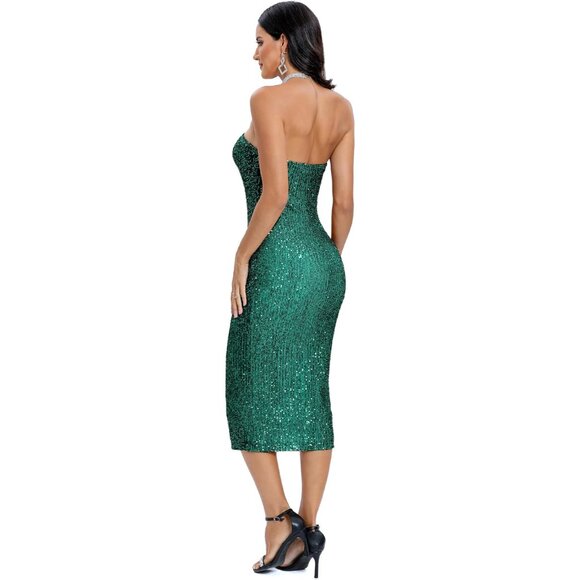 Women Sequin Midi Dress Strapless Sleeveless Bodycon Party Cocktail - Picture 3 of 5